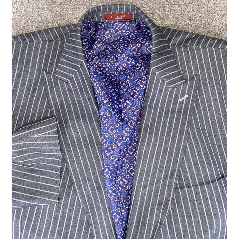 Statement Italy Platinum Super 180s 2 Button Wool Blazer US 52L Gray Striped